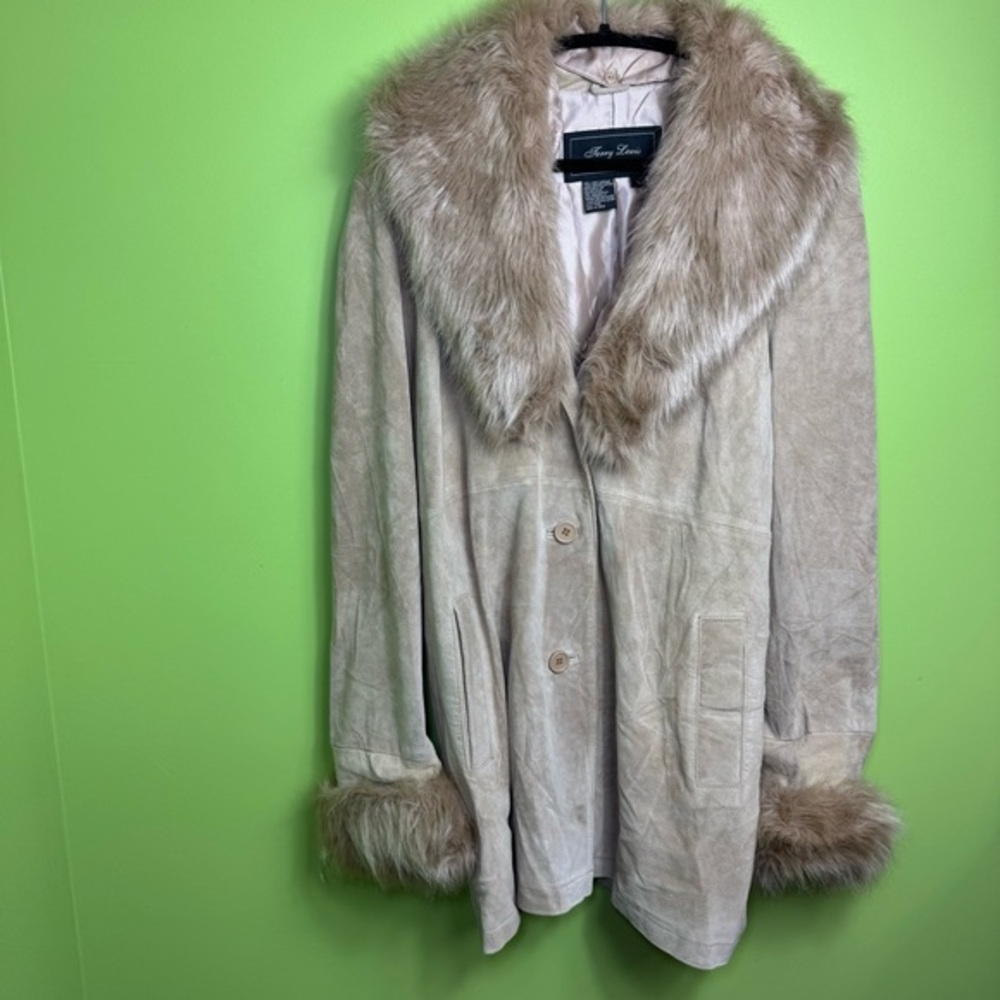 Penny Lane Leather Cream Coat with Fur Trim